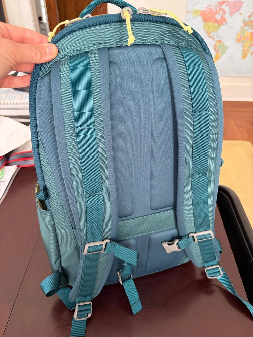 Baboon to the moon city backpack in teal with yellow